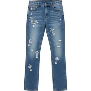 Women's Austin Landing Studded Embroidered Cross Jeans W30 mid rise frayed hem